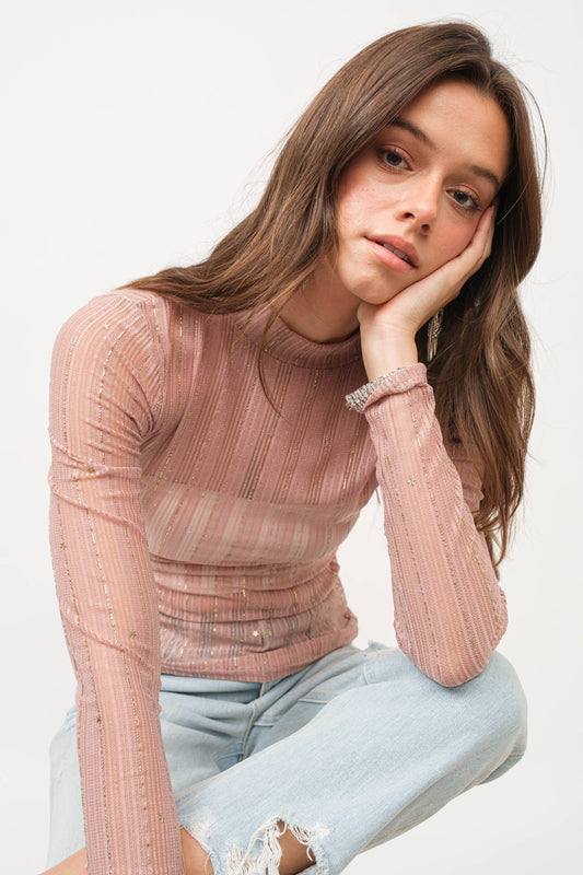 Metallic Stripe Mesh Mock Neck Top: Rose Gold