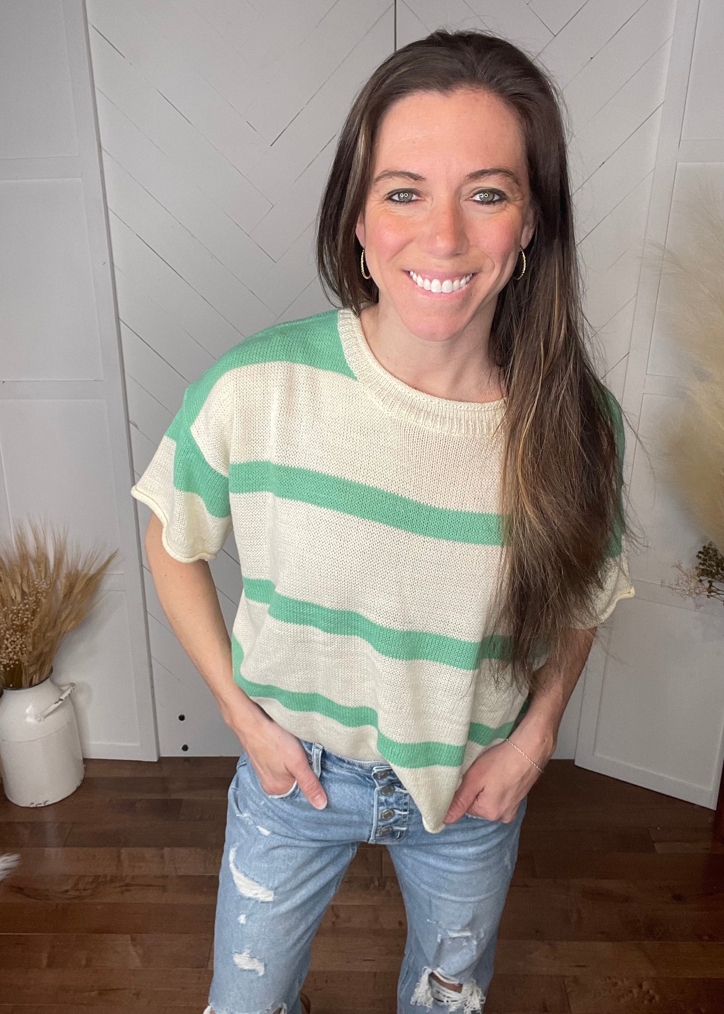 Striped Short Sleeve Sweater: Jade