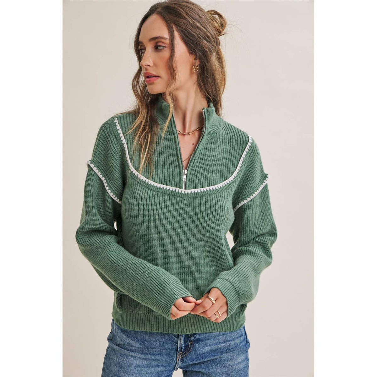 Evergreen Whipstitch Half Zip Sweater