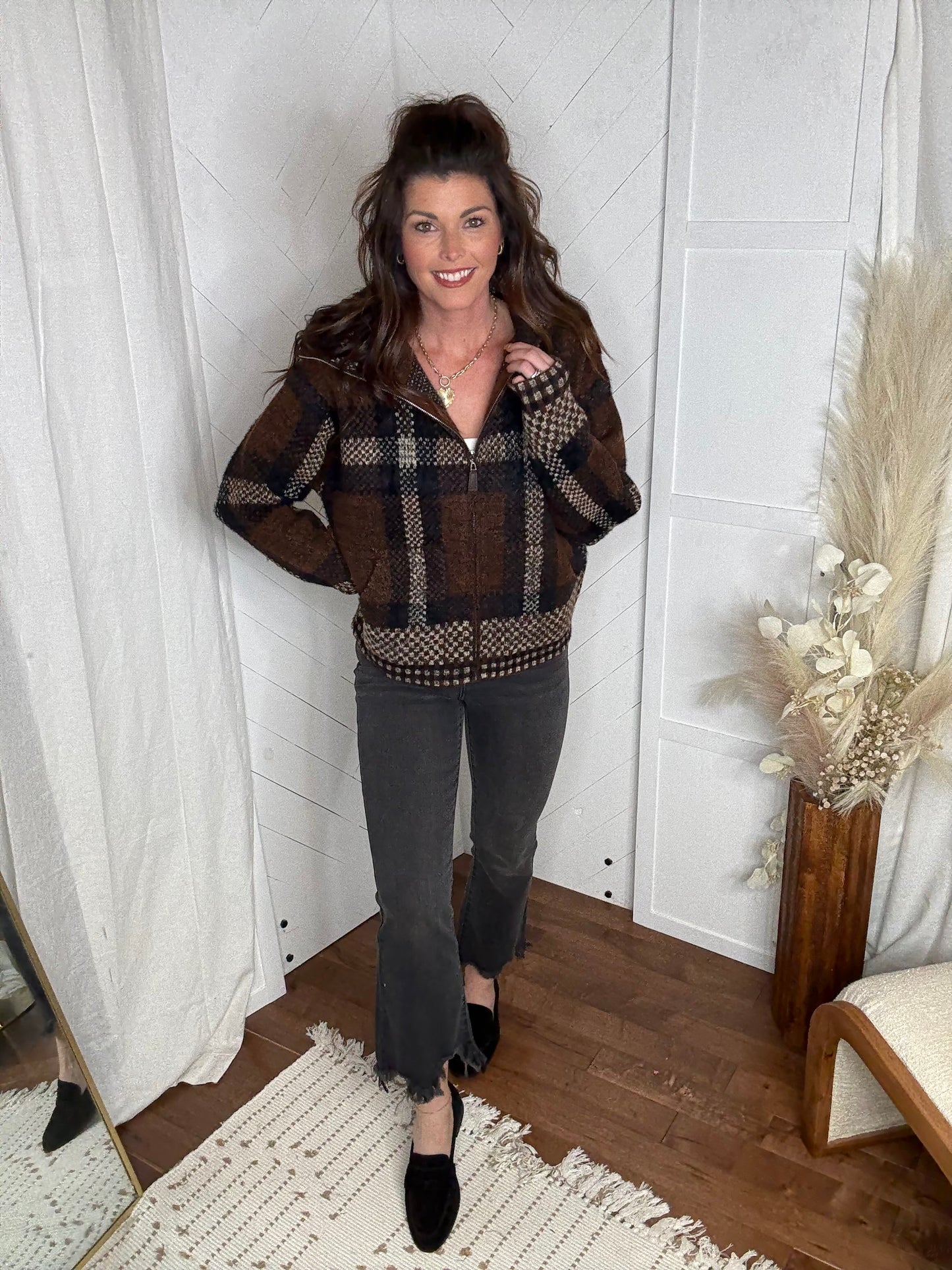 Mocha Plaid Fuzzy Knit Sweater Jacket