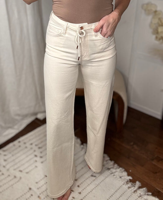 Vervet: Natural High Rise Drawstring Wide Leg Jeans