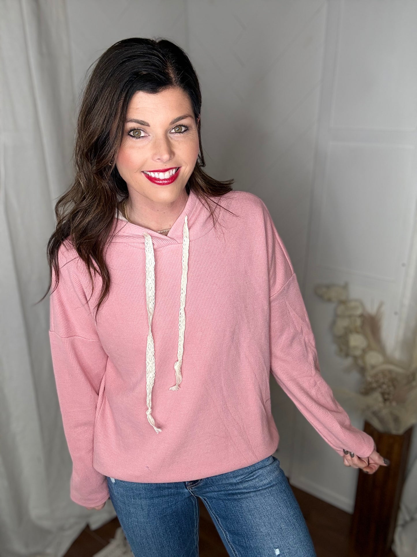 Rose Textured Drawstring Hoodie
