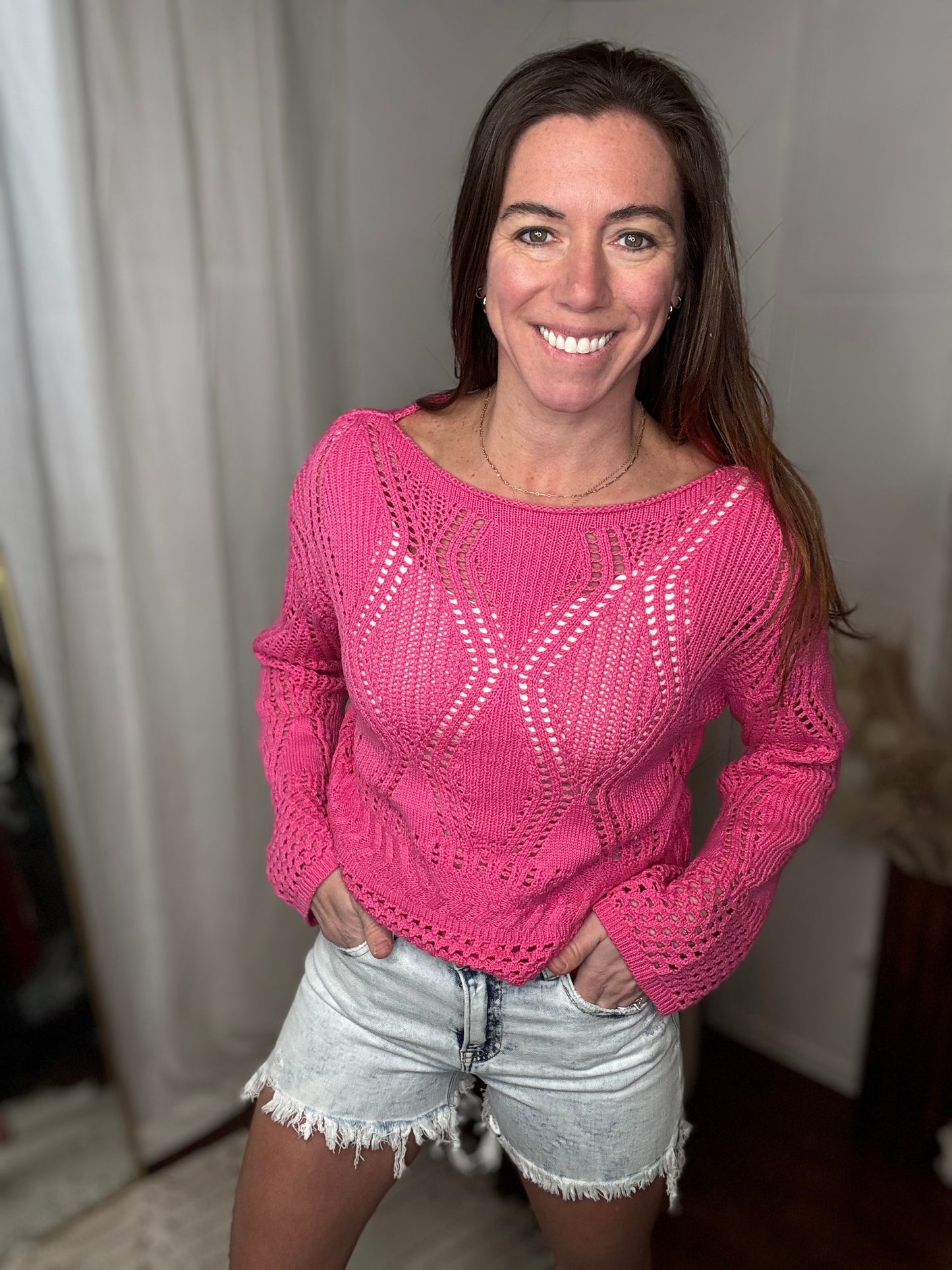 Fuchsia Breeze Open Crochet Sweater