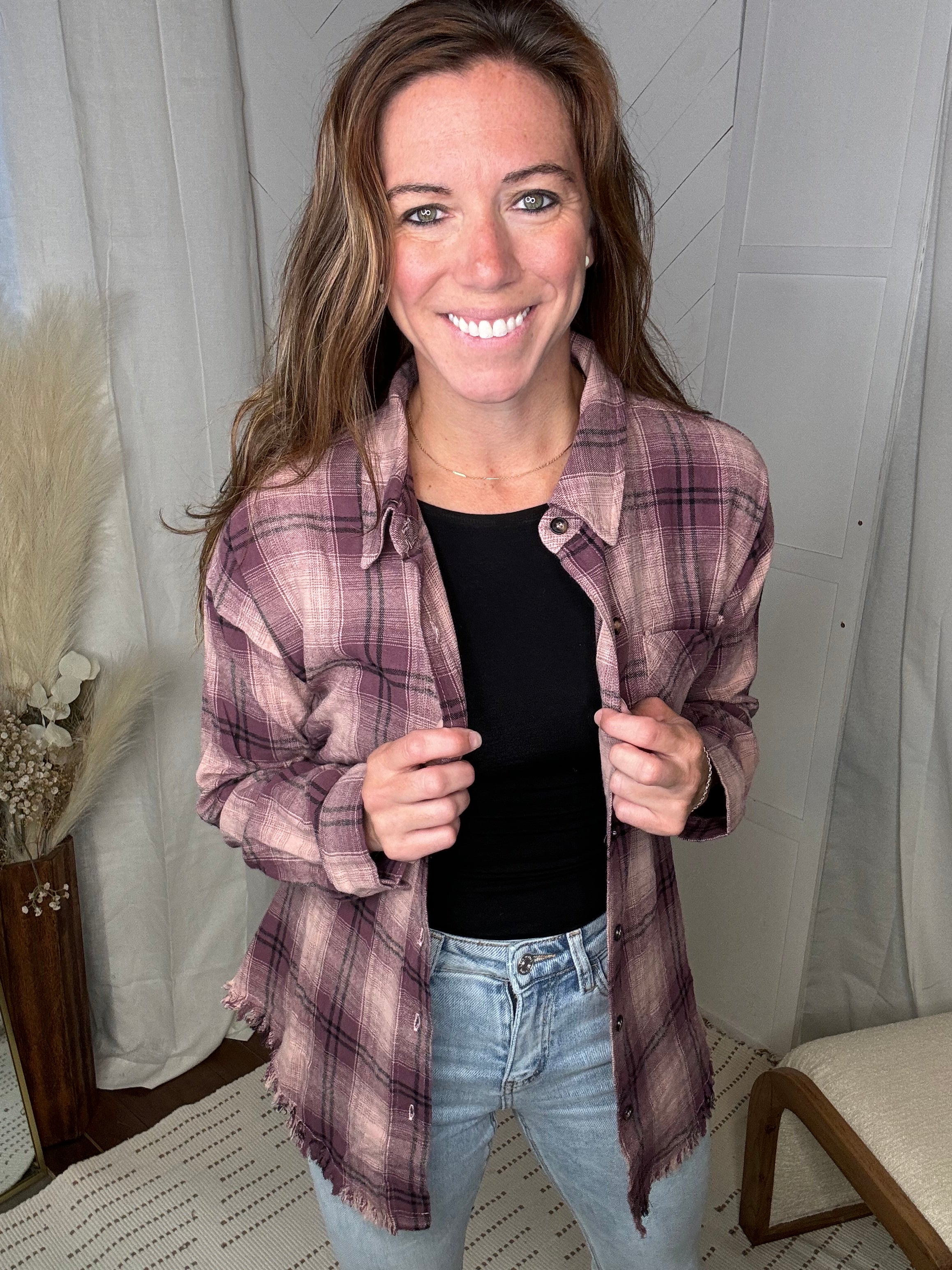 Mauve Plaid Boyfriend Shirt high quality