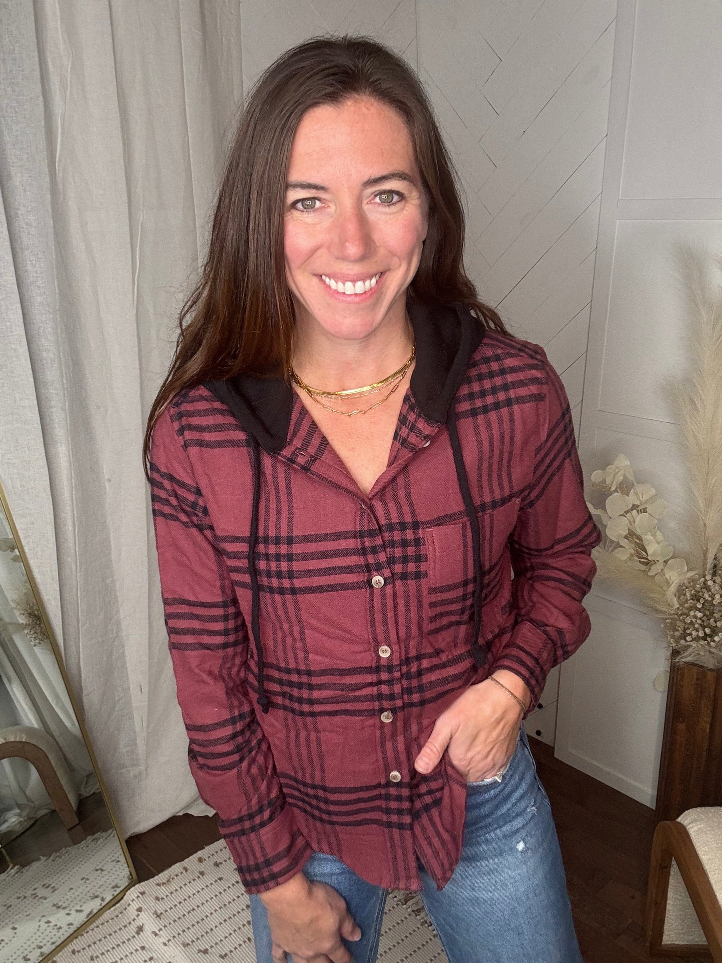 Burgundy Hooded Flannel Shirt