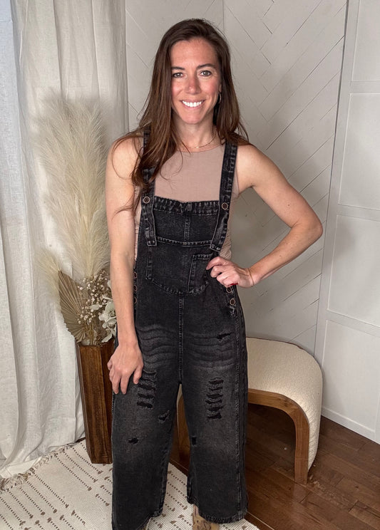 Black Distressed Wide Leg Denim Overalls