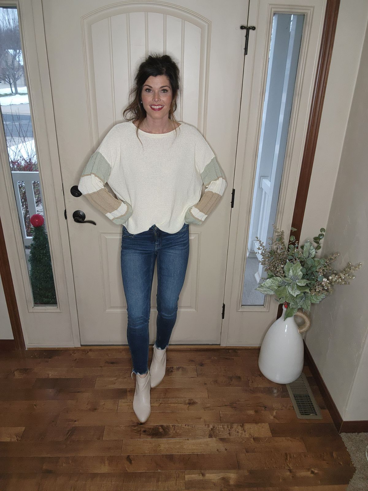 Sage + Taupe Striped Sleeve Sweater