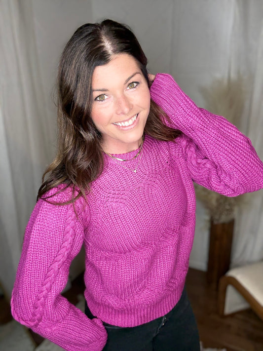 Raspberry Braided Puff Sleeve Sweater