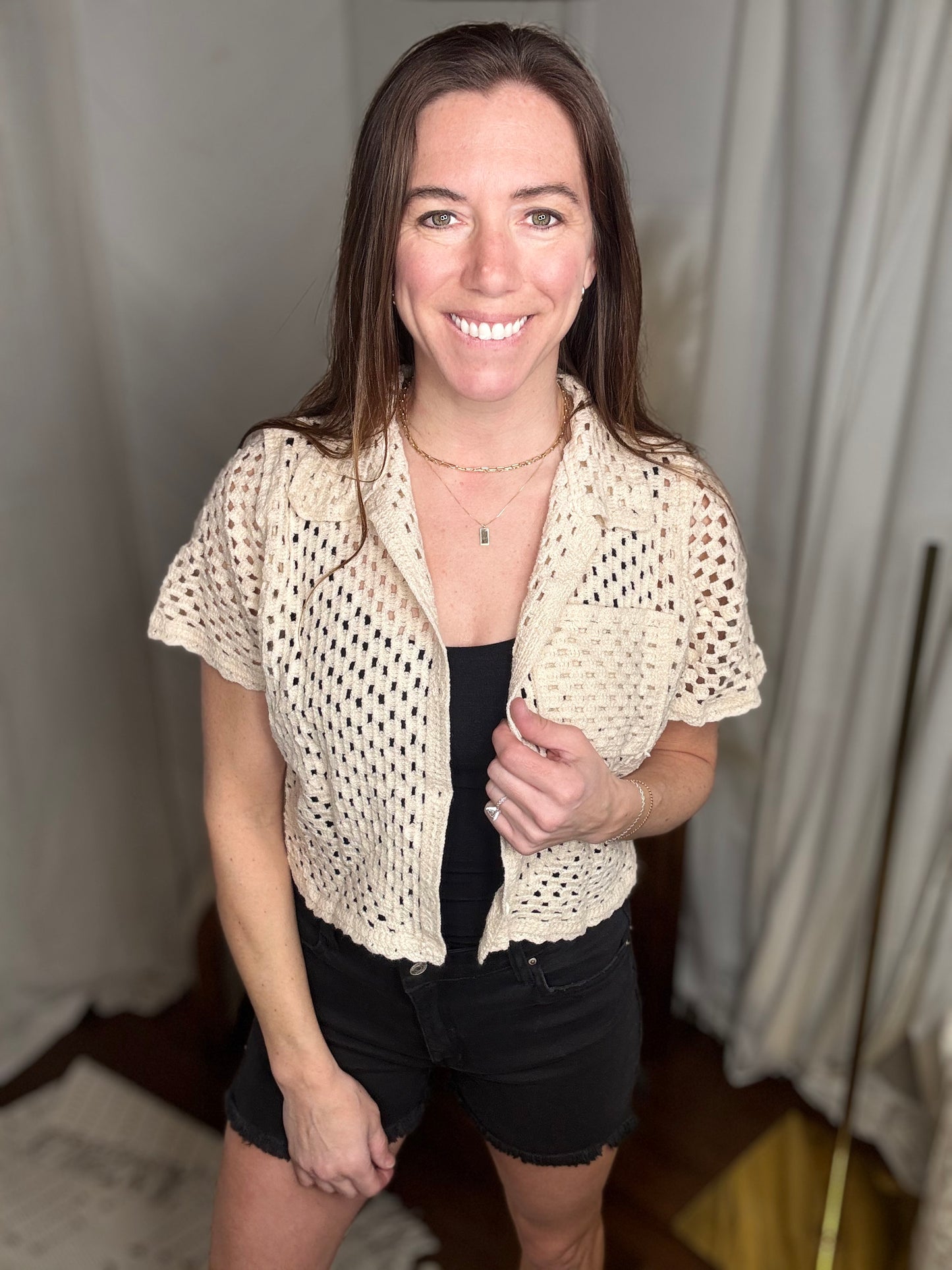 Ivory Button Down Crochet Knit Top