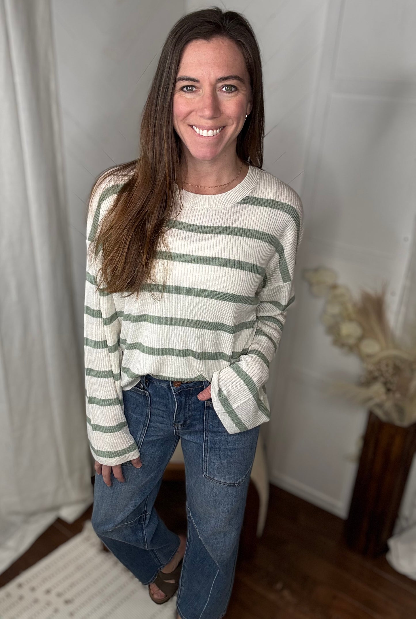 Sage Lightweight Wide-Sleeve Striped Sweater