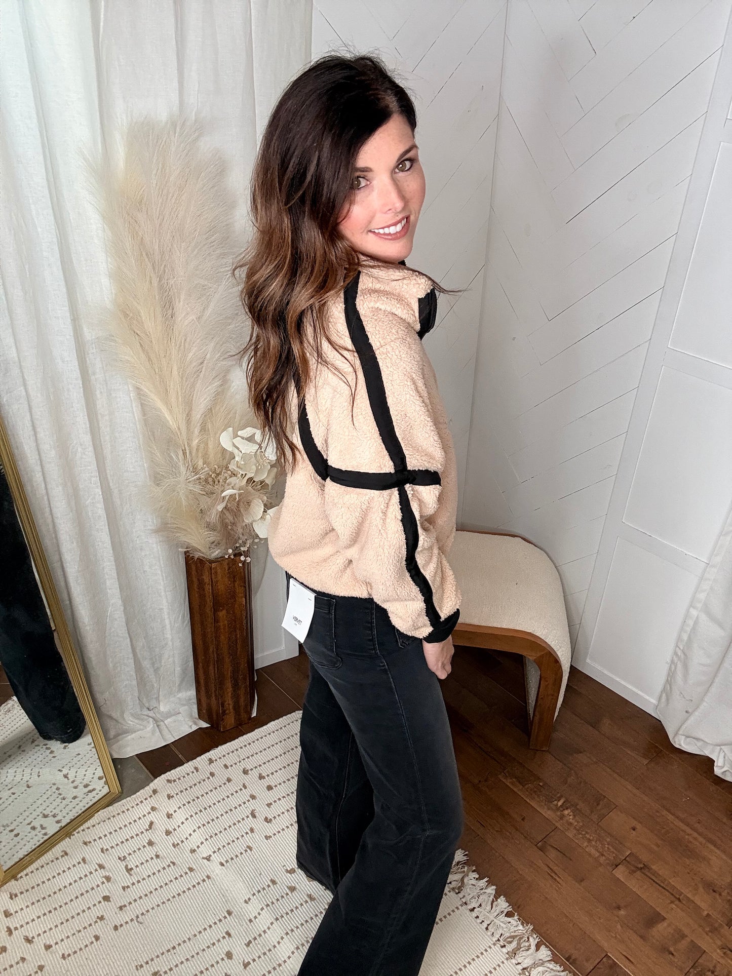 Tan & Black Half Zip Sherpa Fleece Sweatshirt