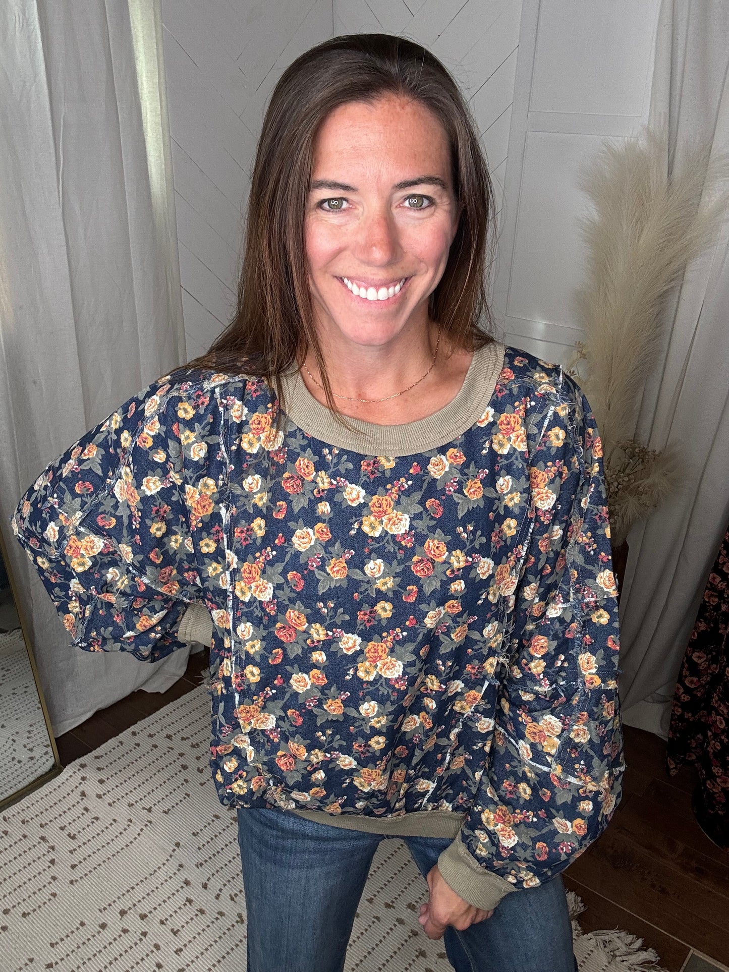 Washed Floral Denim Sweater