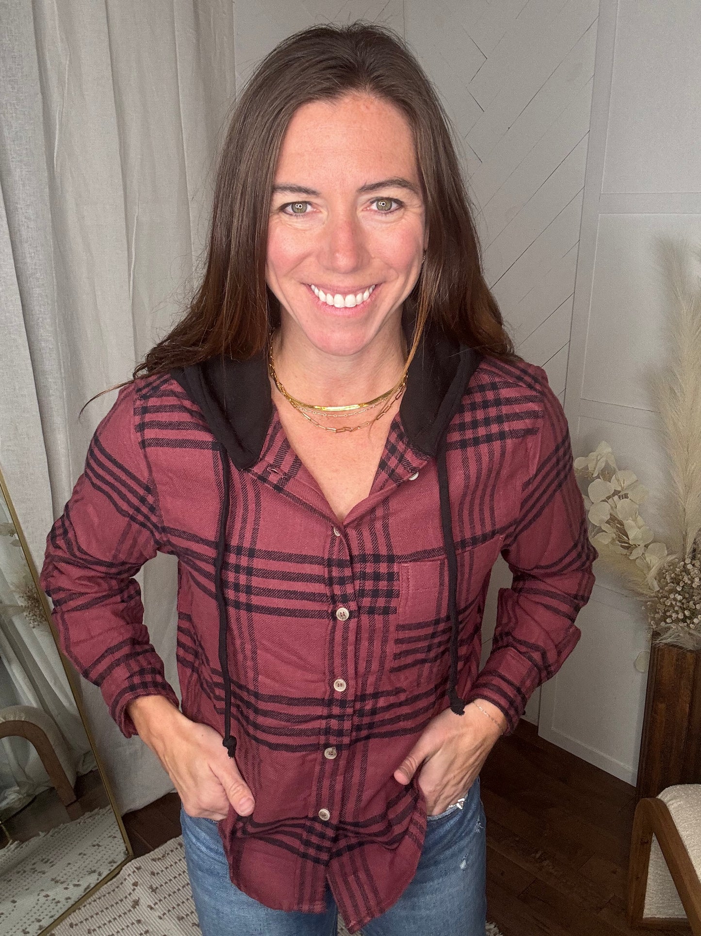 Burgundy Hooded Flannel Shirt