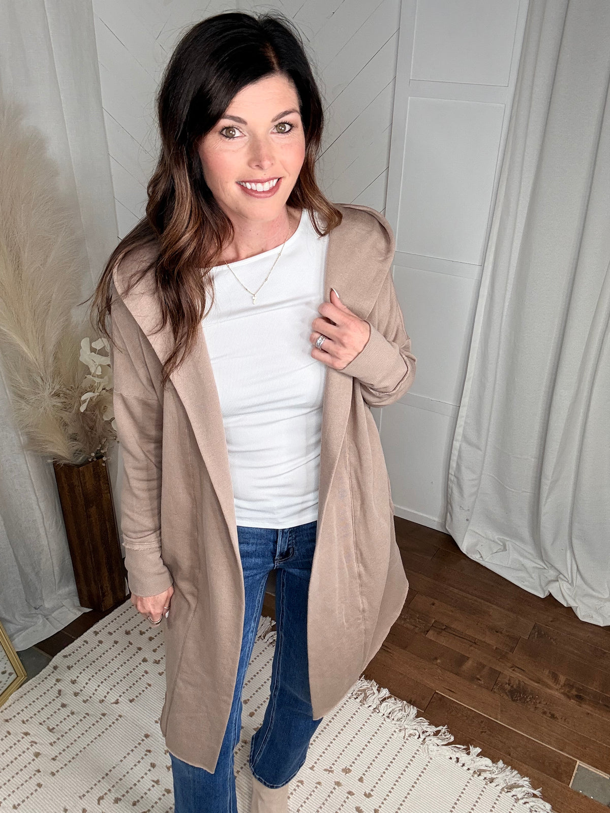 Silken Taupe Open Front Longline Hoodie Cardigan