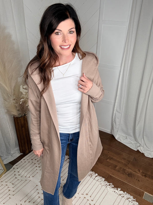 Silken Taupe Open Front Longline Hoodie Cardigan