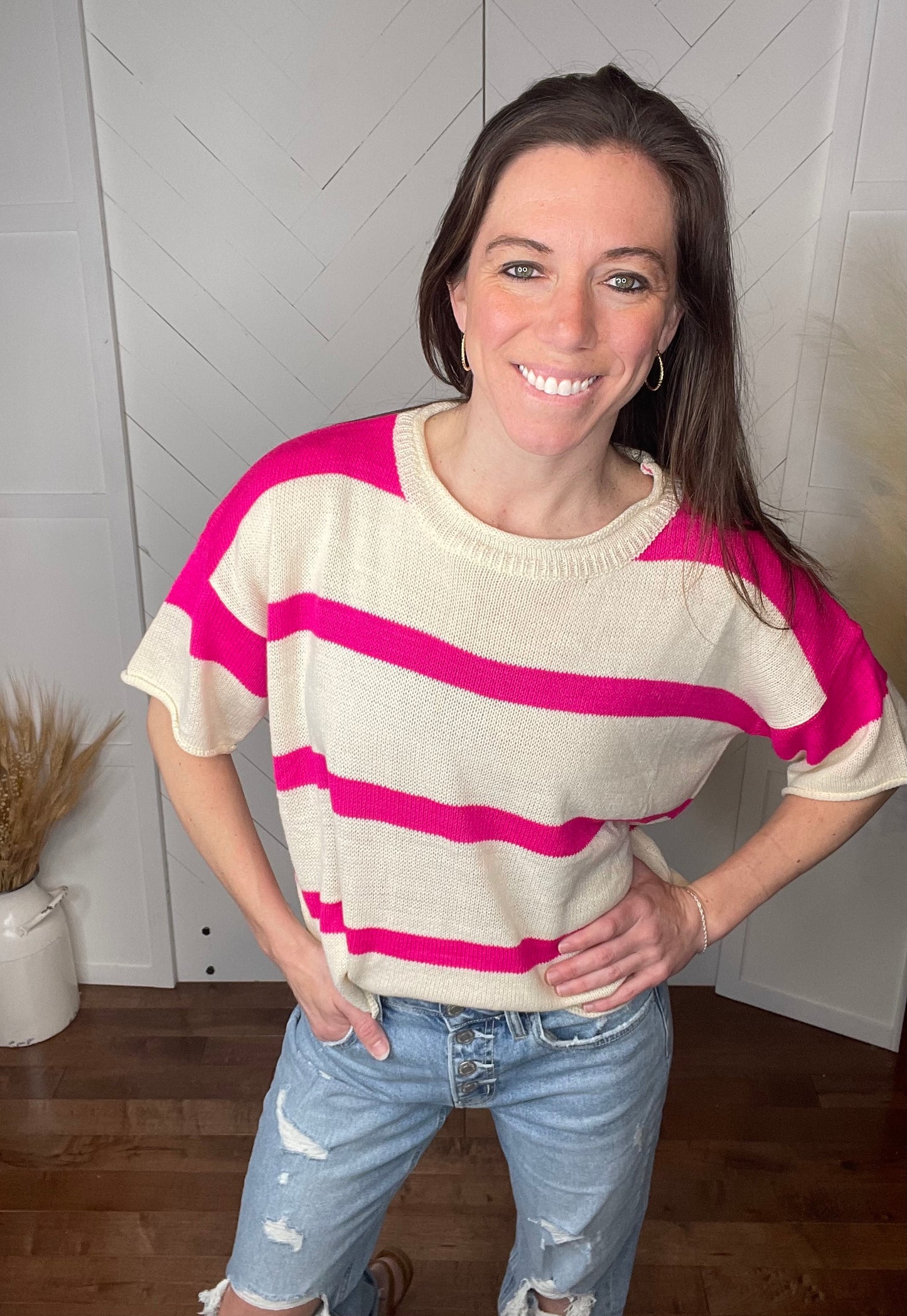 Striped Short Sleeve Sweater: Fuchsia