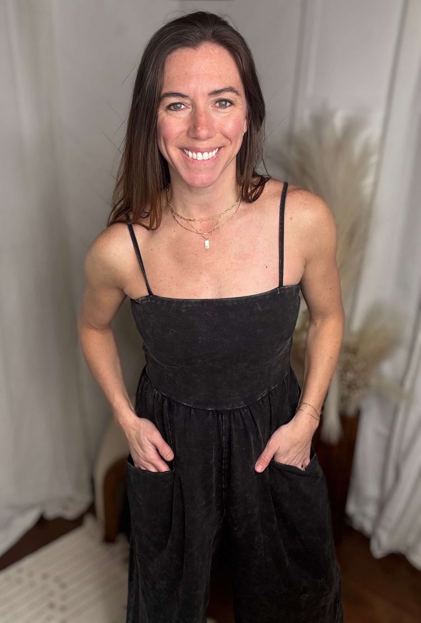 Dark Mineral Washed Wide Leg Jumpsuit