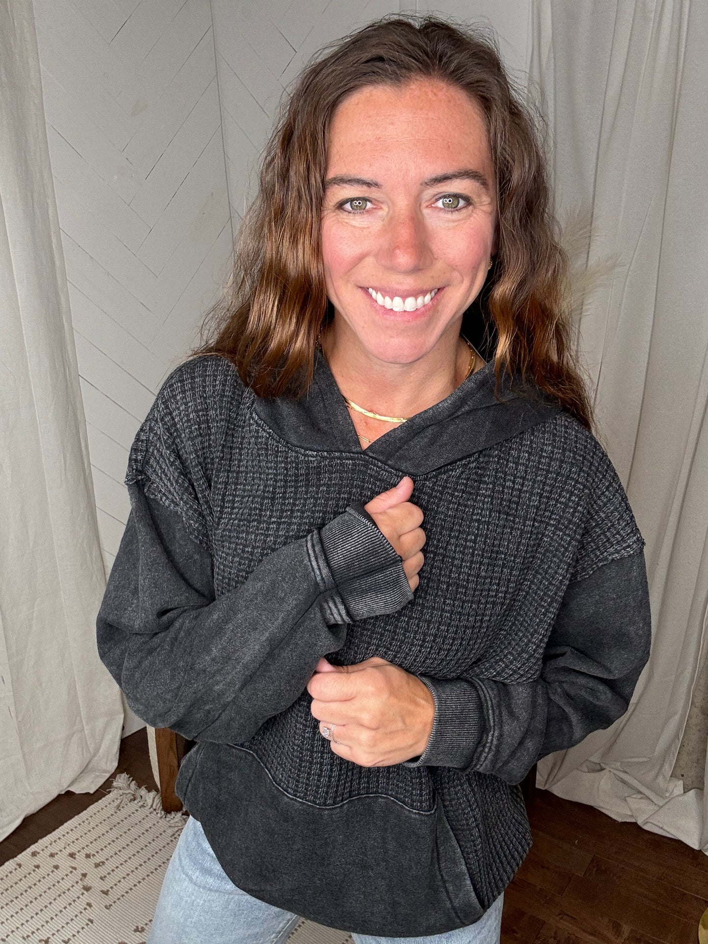 Waffle Knit Hoodie: Black