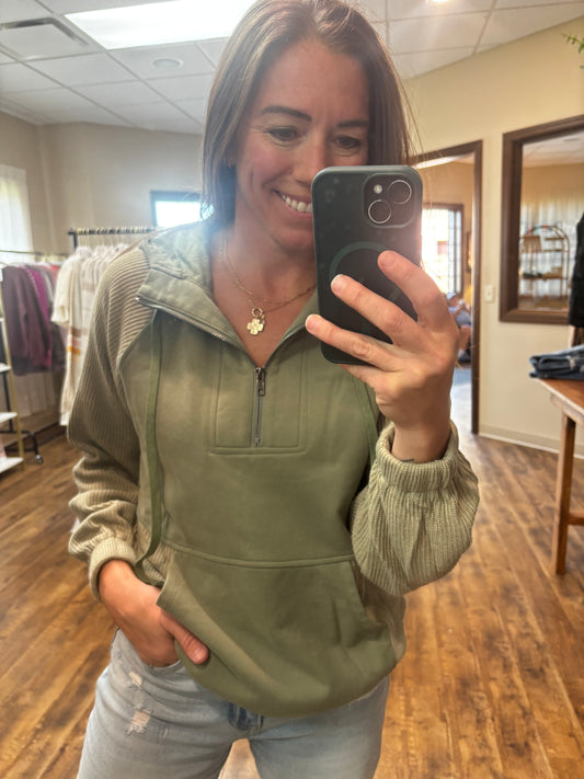 Cozy in Sage Half Zip Hoodie