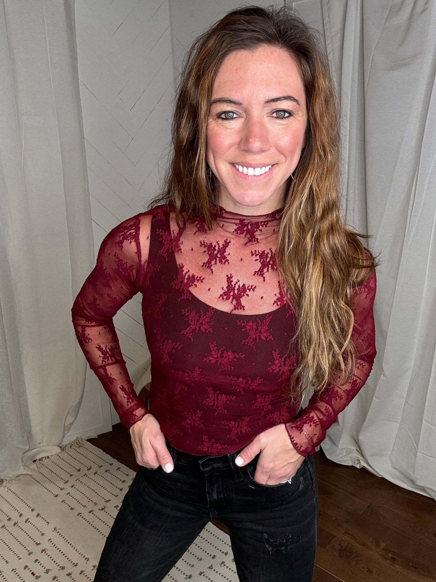 Floral Vines Mesh Lace Top: Wine