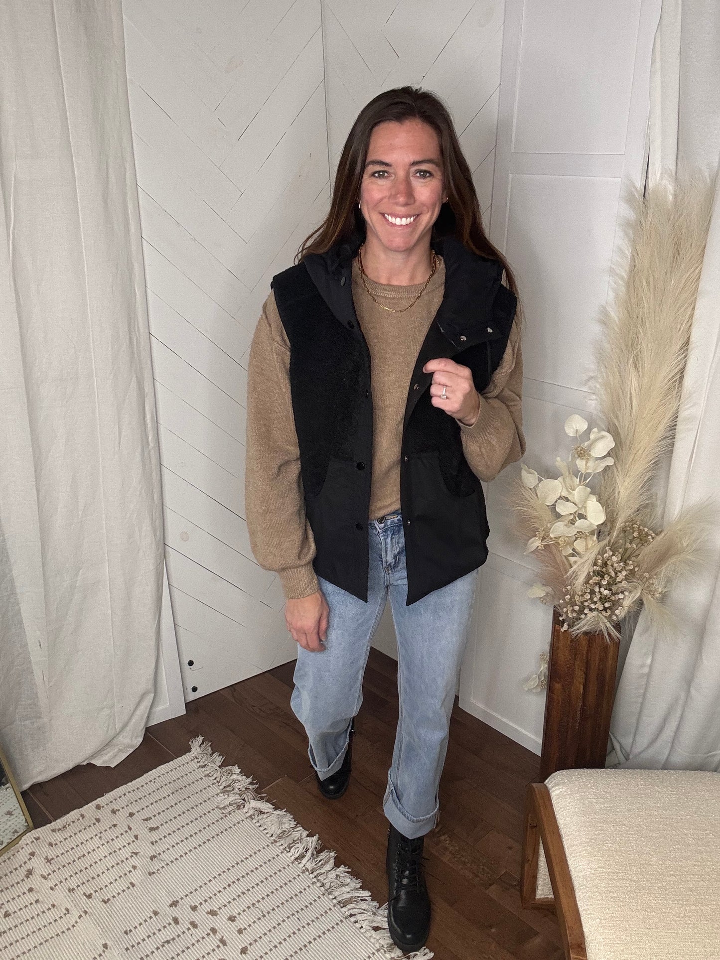 Black Sherpa Suede Duo Hooded Vest