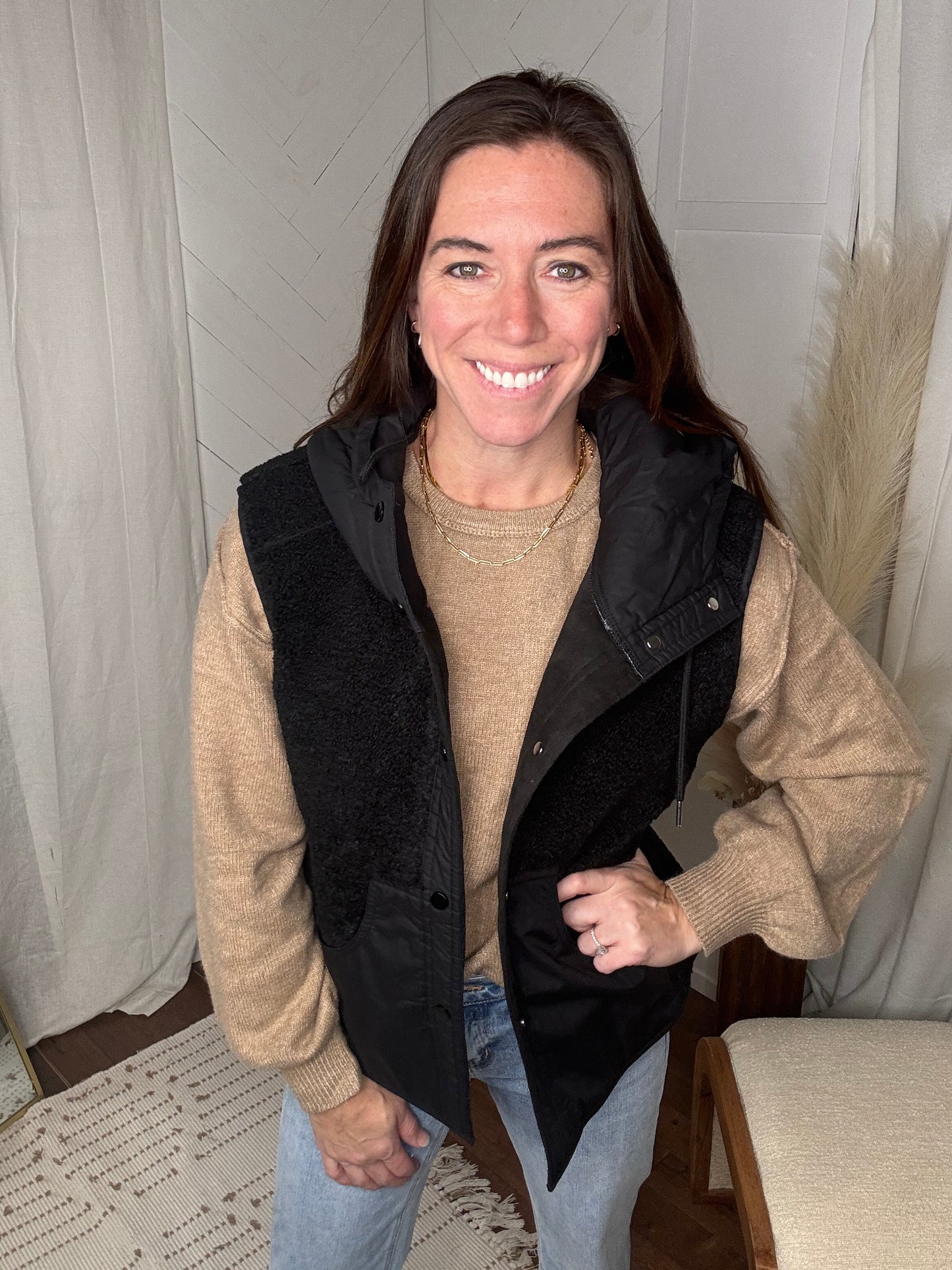 Black Sherpa Suede Duo Hooded Vest