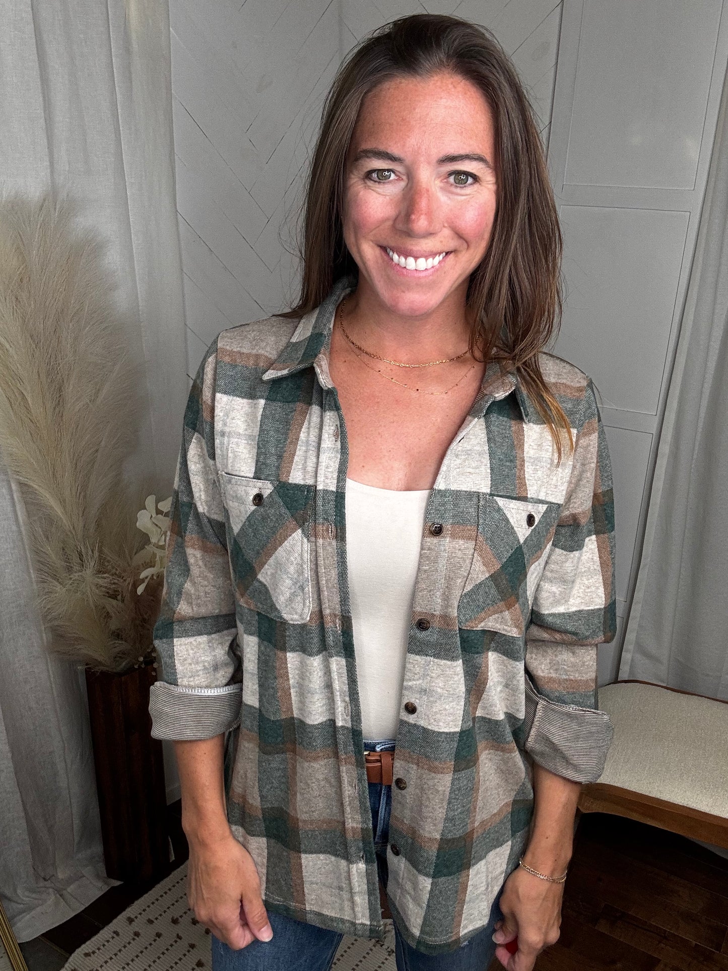 Tan, Dk. Green & Rust Plaid Button Up