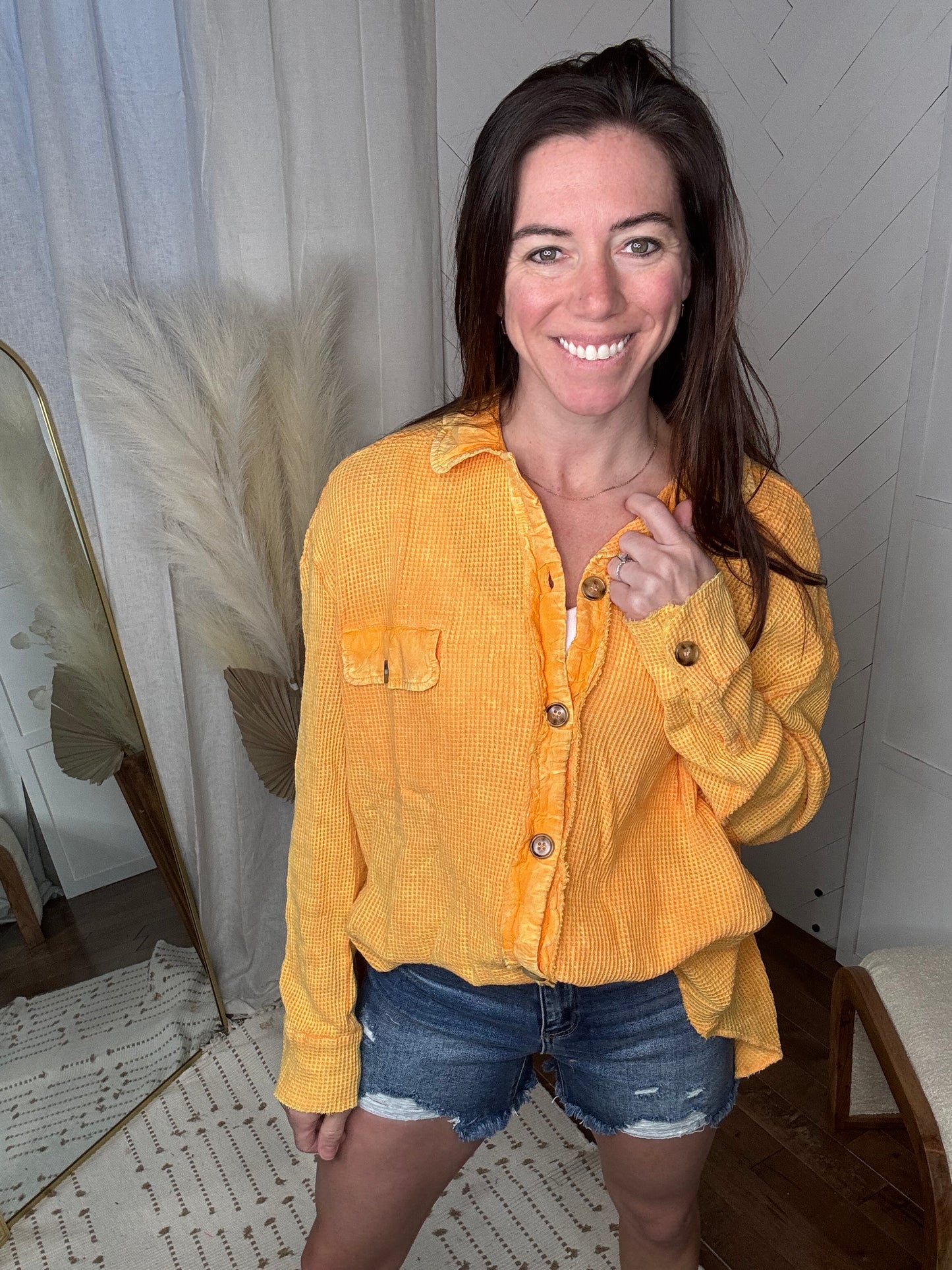 Apricot Vintage Wash Waffle Button Up