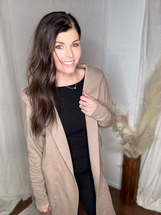 Silken Taupe Open Front Longline Hoodie Cardigan