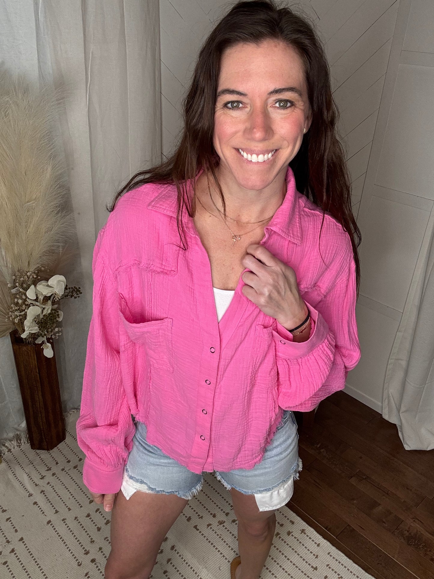 Bright Pink Gauze Button Up