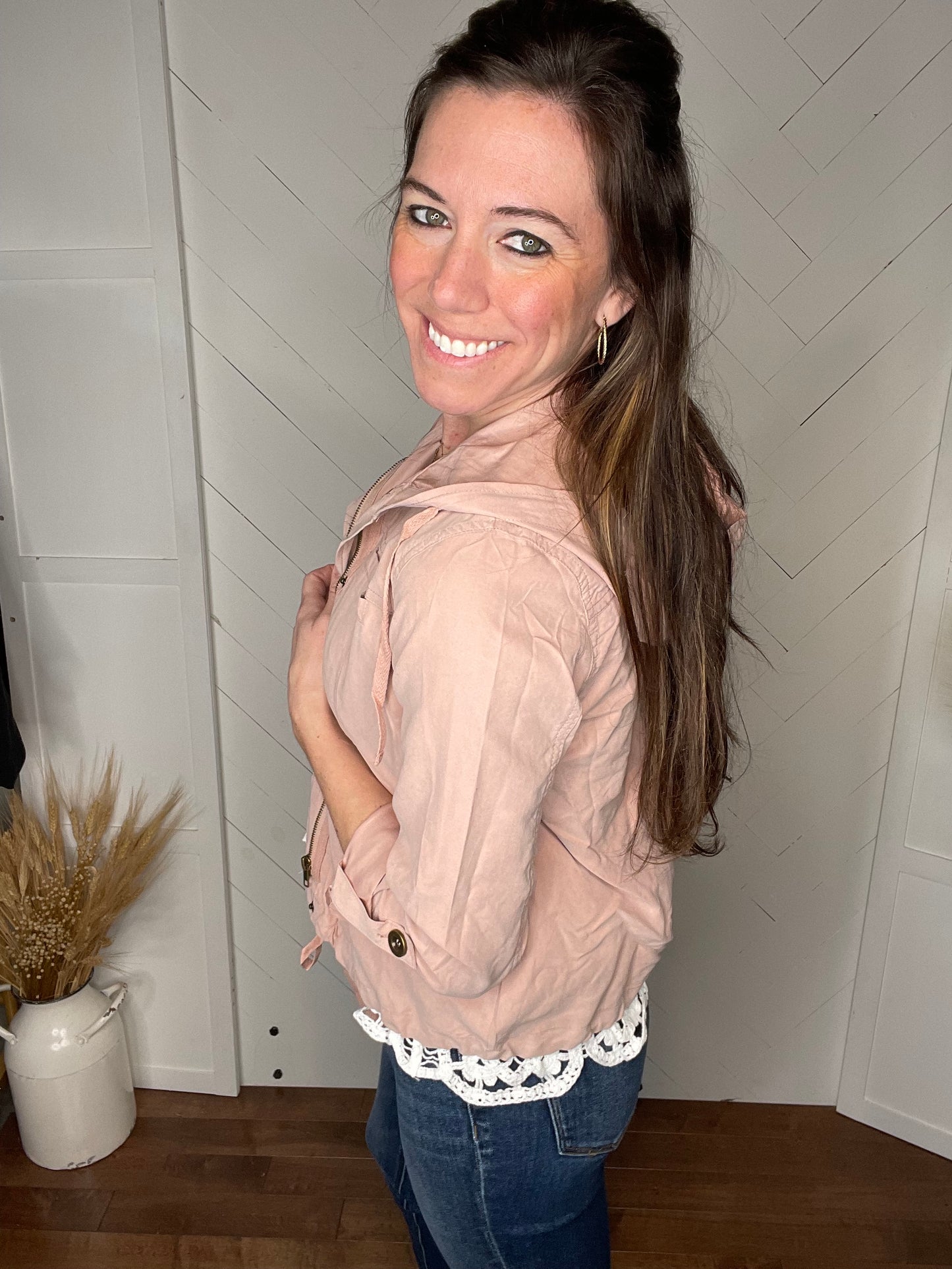 On the Go Button Up Jacket: Pink