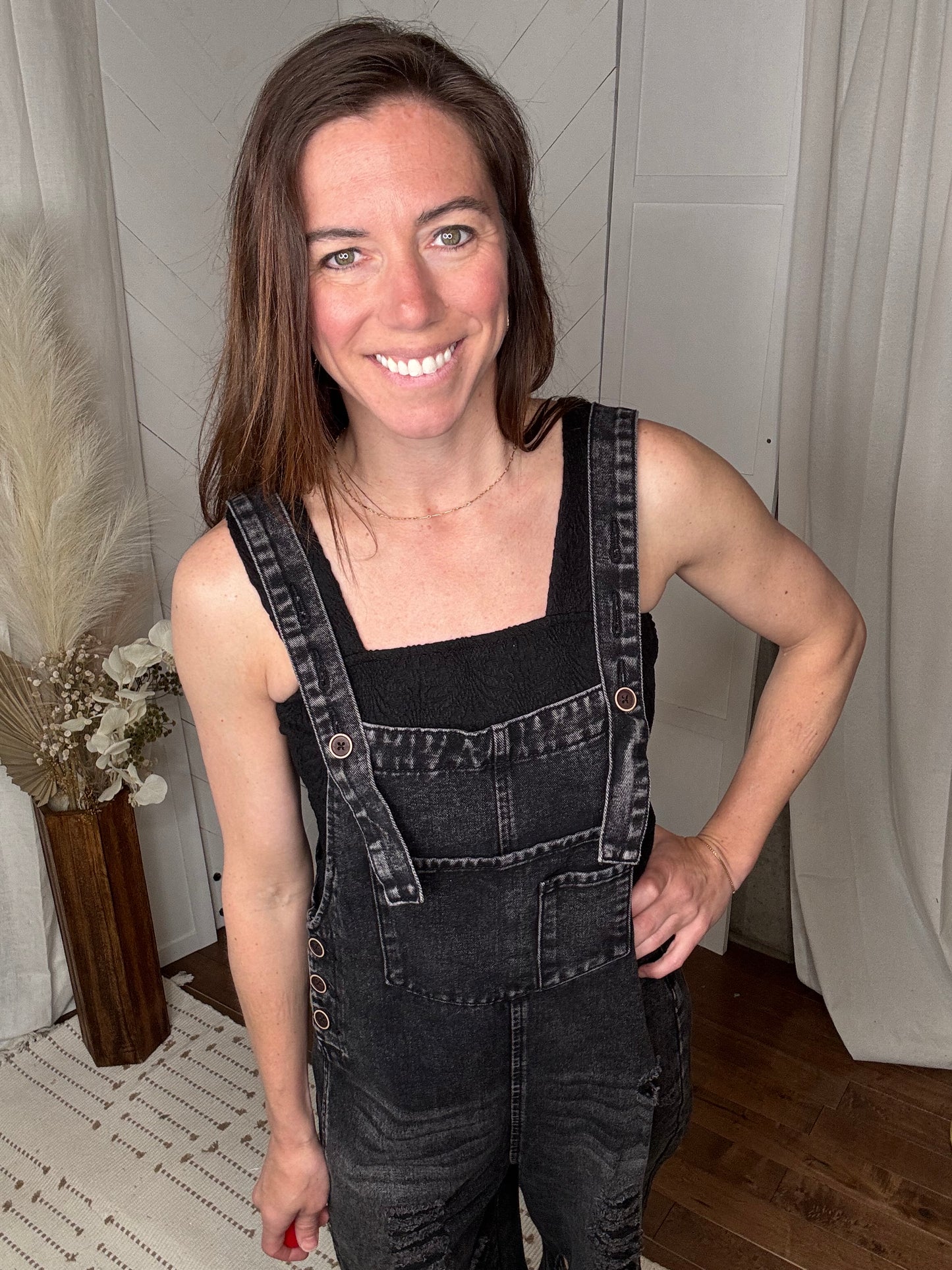 Black Distressed Wide Leg Denim Overalls