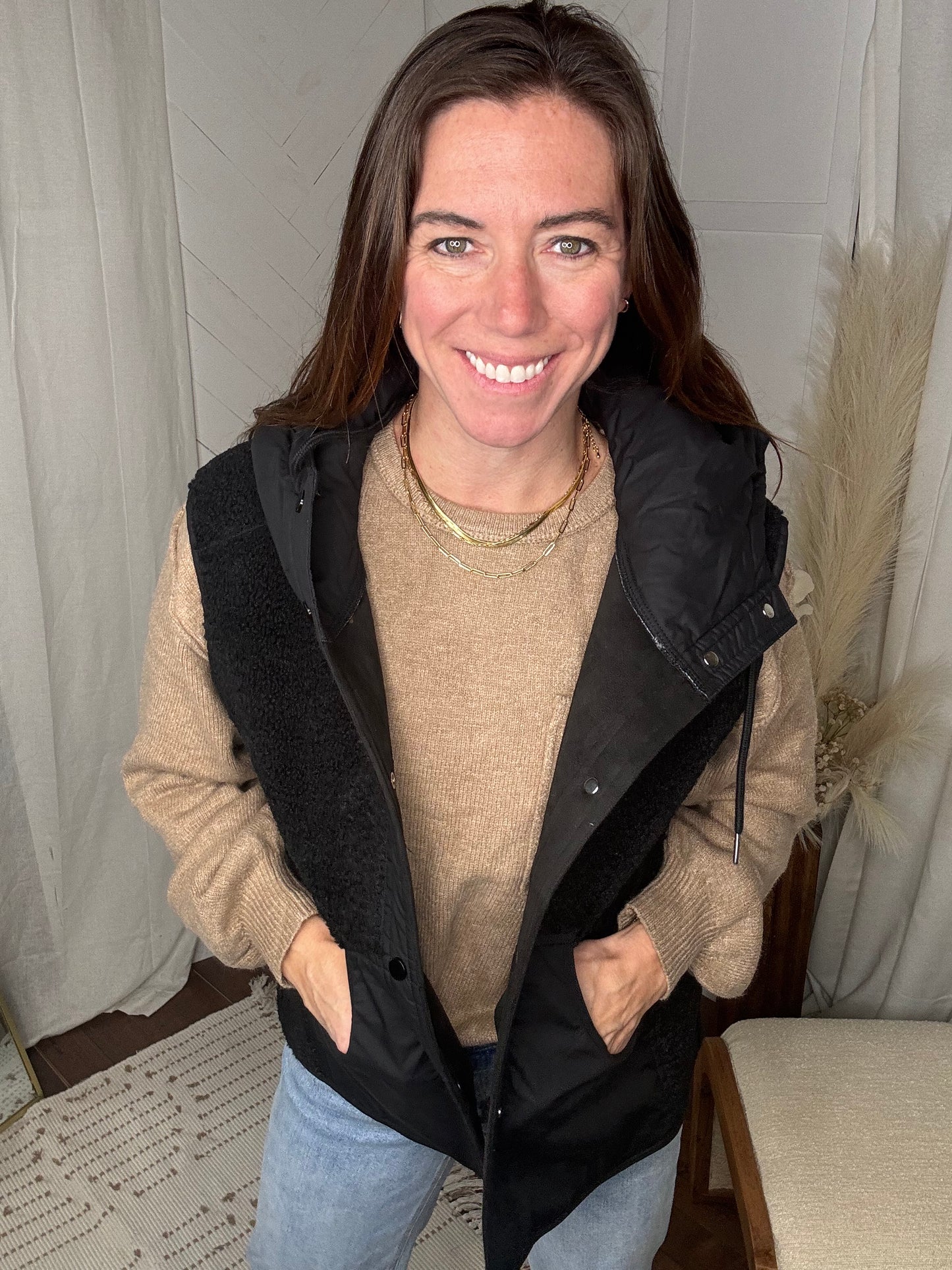 Black Sherpa Suede Duo Hooded Vest