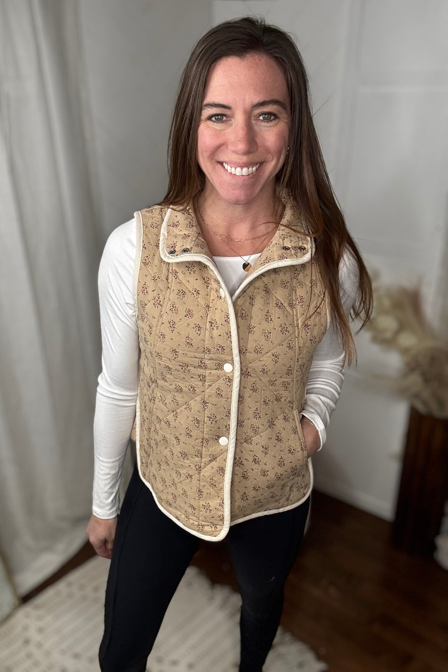 Khaki Floral Print Quilted Vest