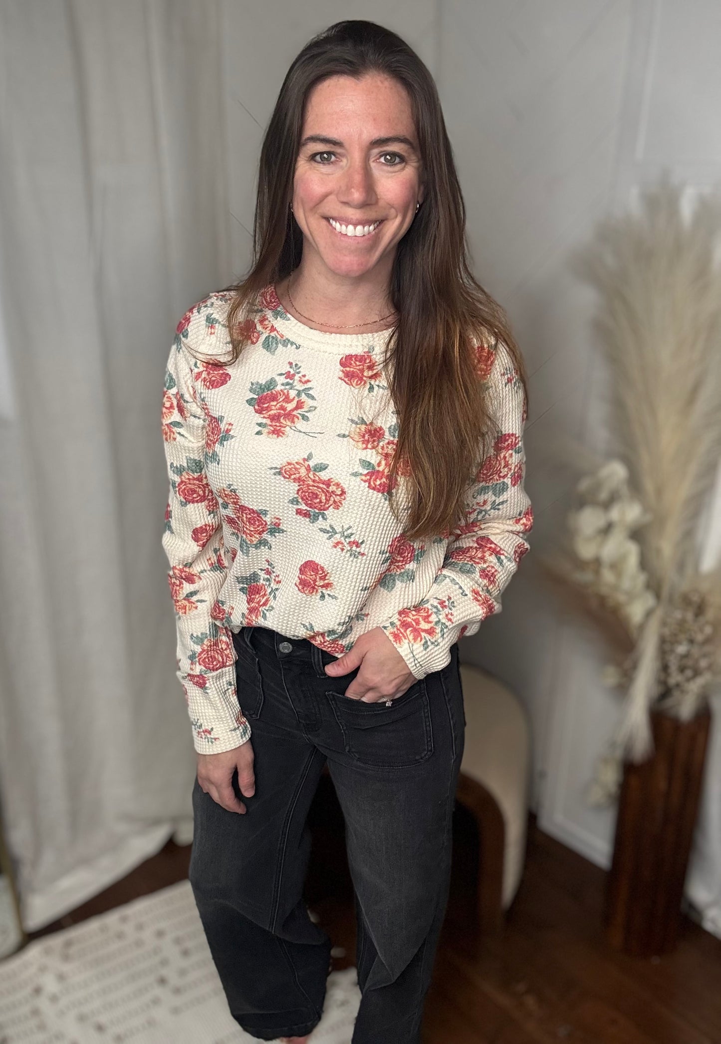 Oatmeal Bloom Waffle Knit Top
