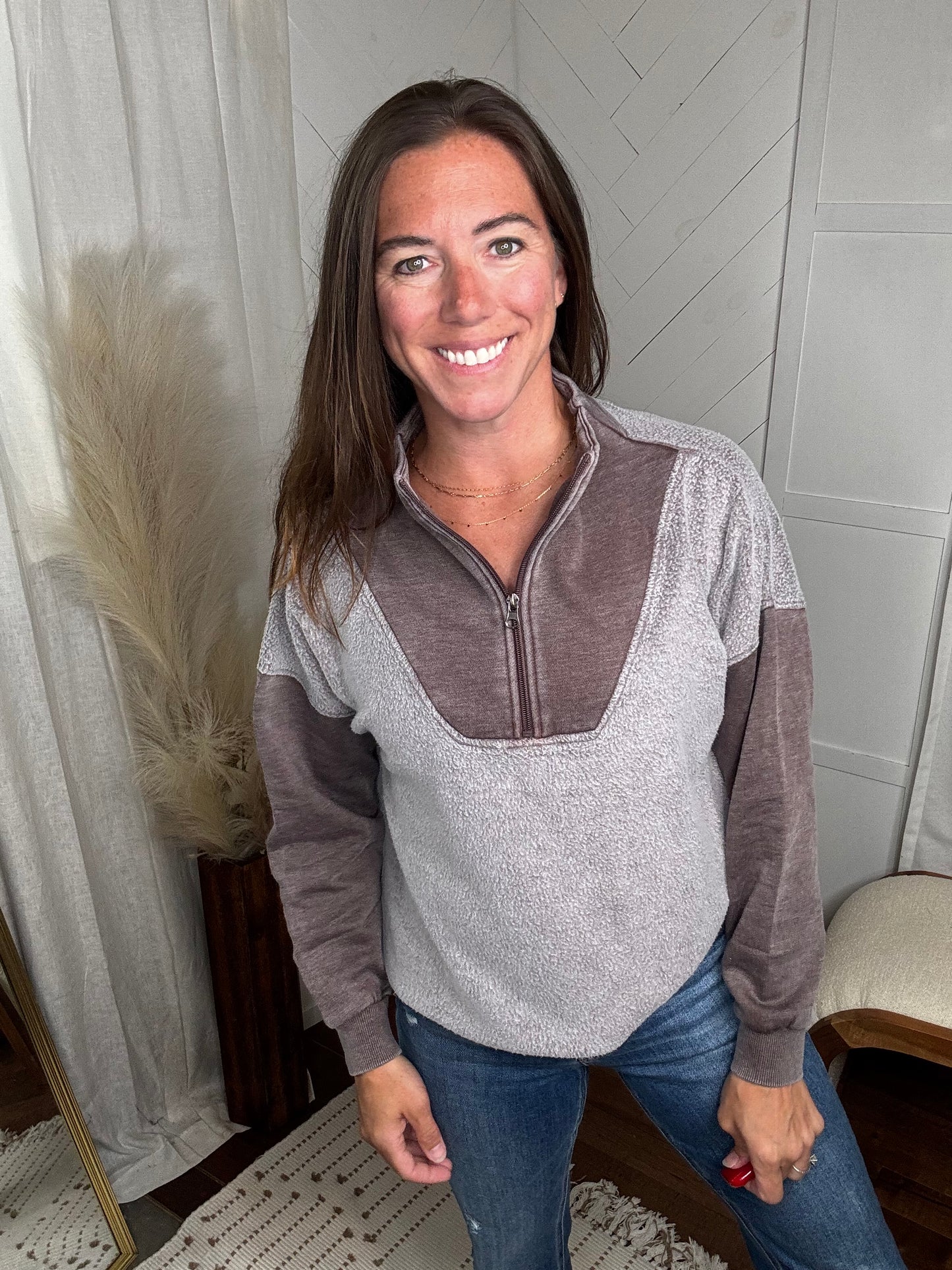 Brown Mixed Quarter Zip Sweatshirt