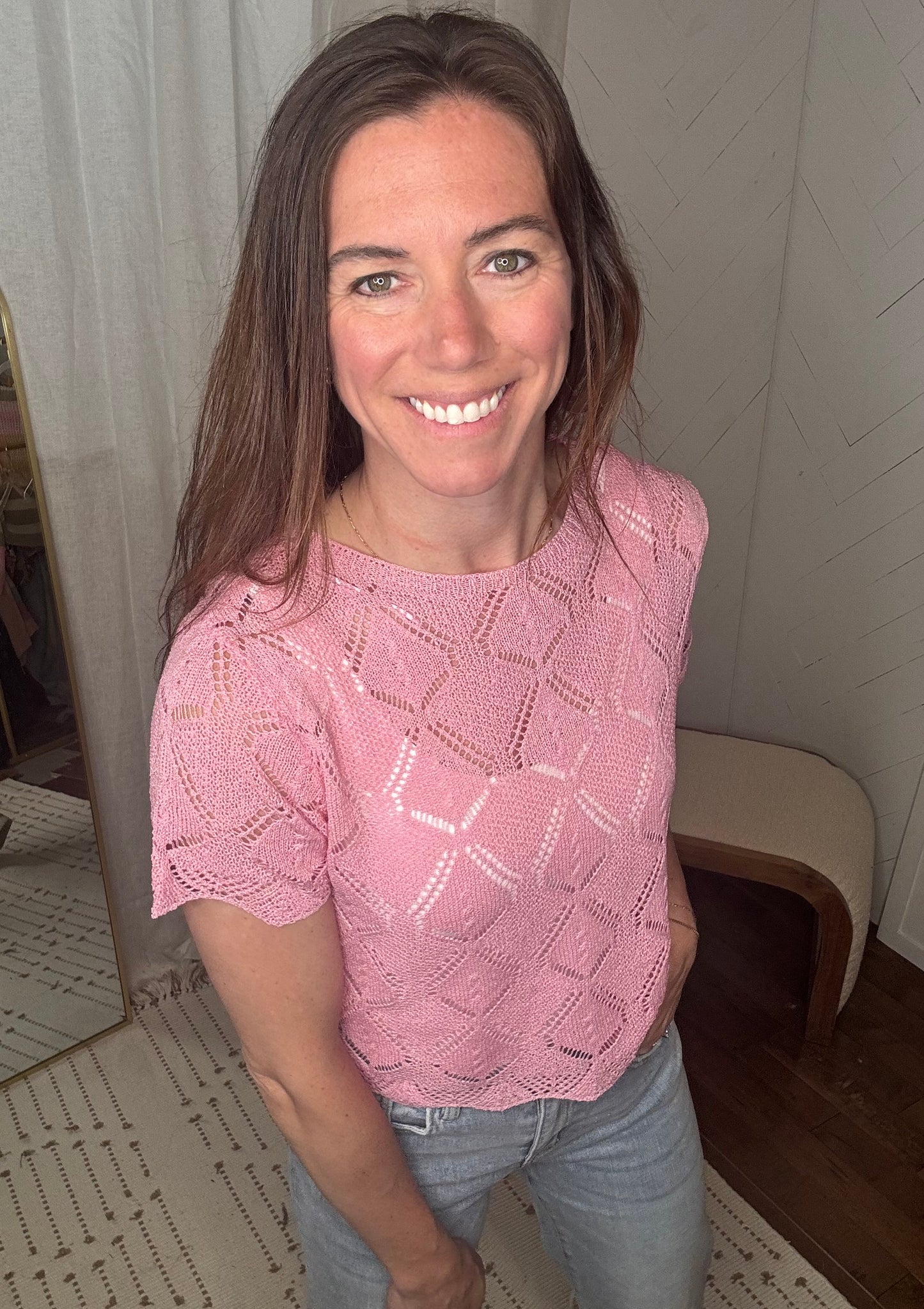 Blush Short Sleeve Crochet Crop
