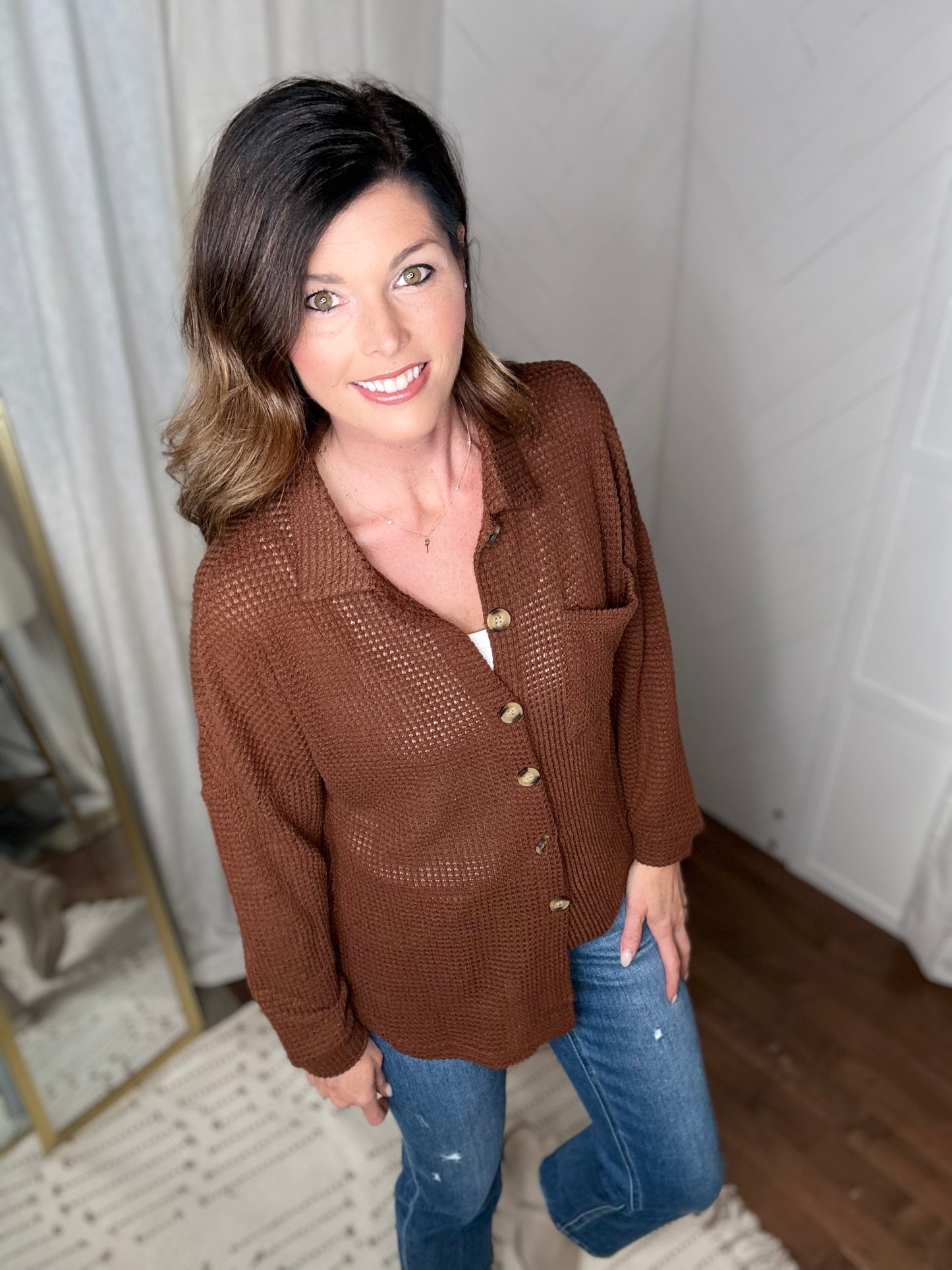 Coffee Run Waffle Knit Button Up