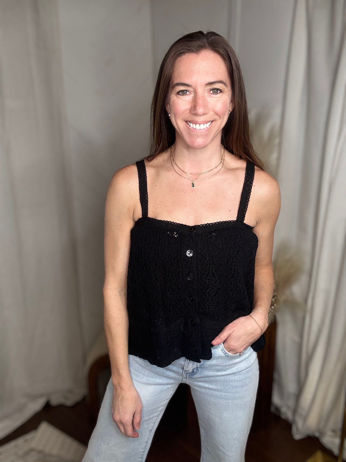 Black Open Knit Crochet Tank