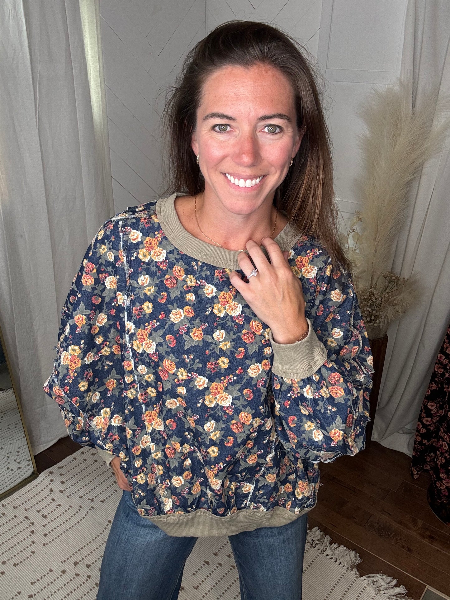 Washed Floral Denim Sweater