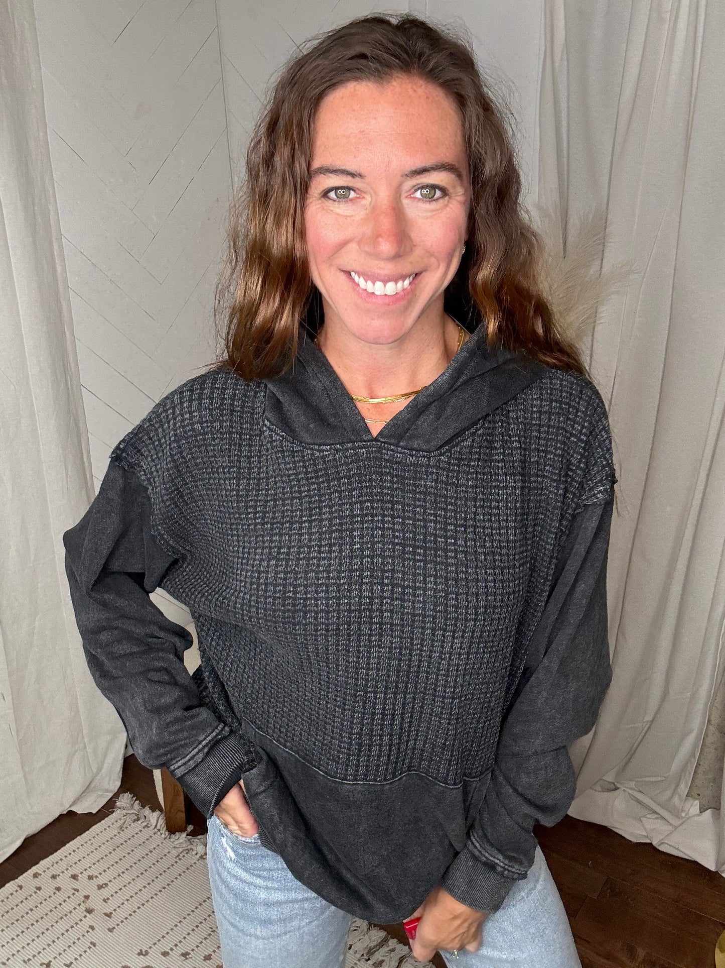 Waffle Knit Hoodie: Black