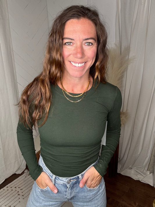 Deep Forest: Essential Long-Sleeved Ribbed Top