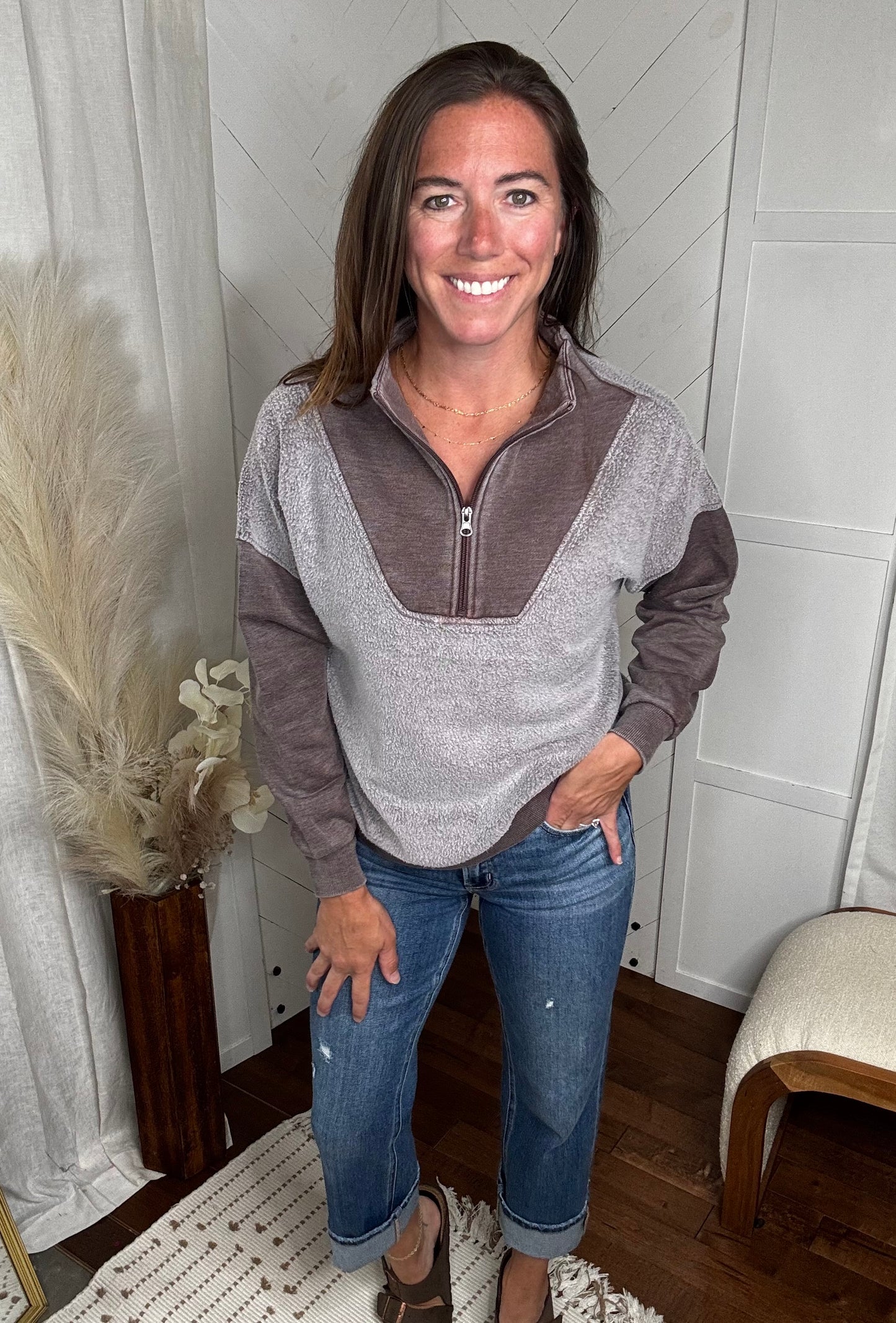 Brown Mixed Quarter Zip Sweatshirt