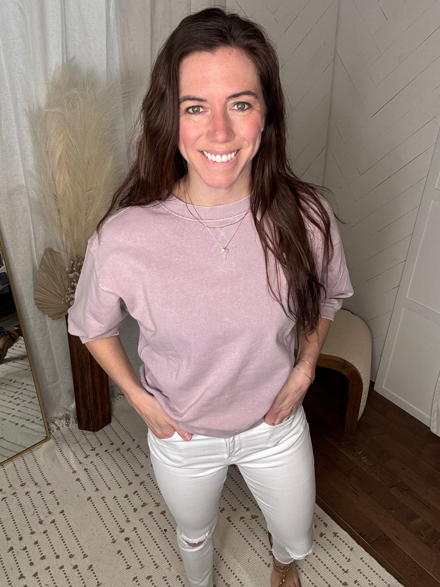 Dusty Lilac Washed Short Sleeve Sweatshirt