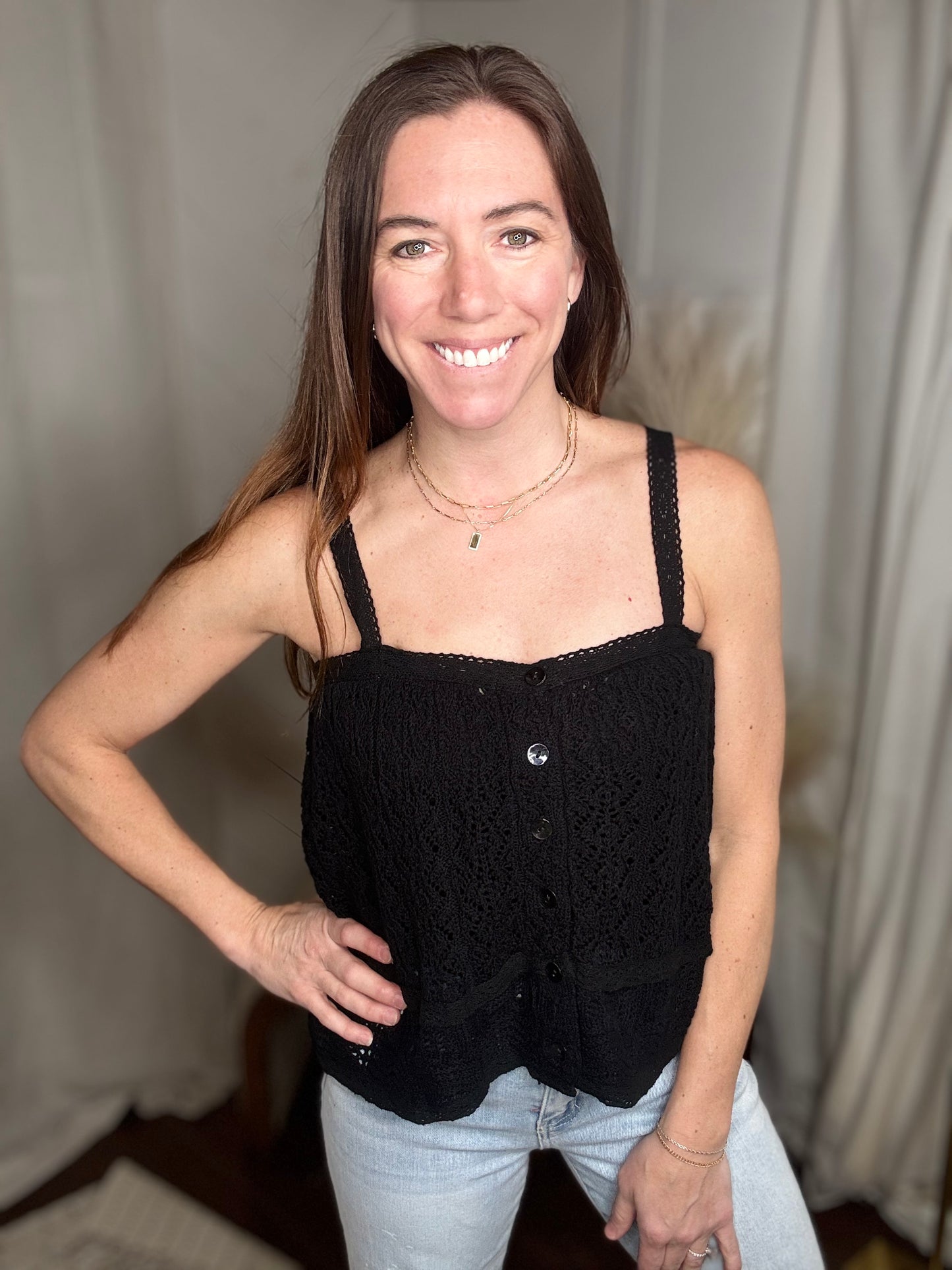 Black Open Knit Crochet Tank