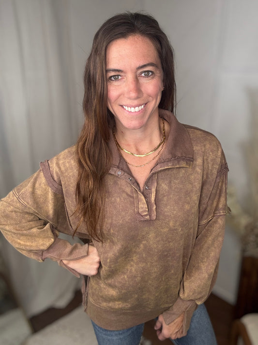 Mocha Washed Henley Sweatshirt