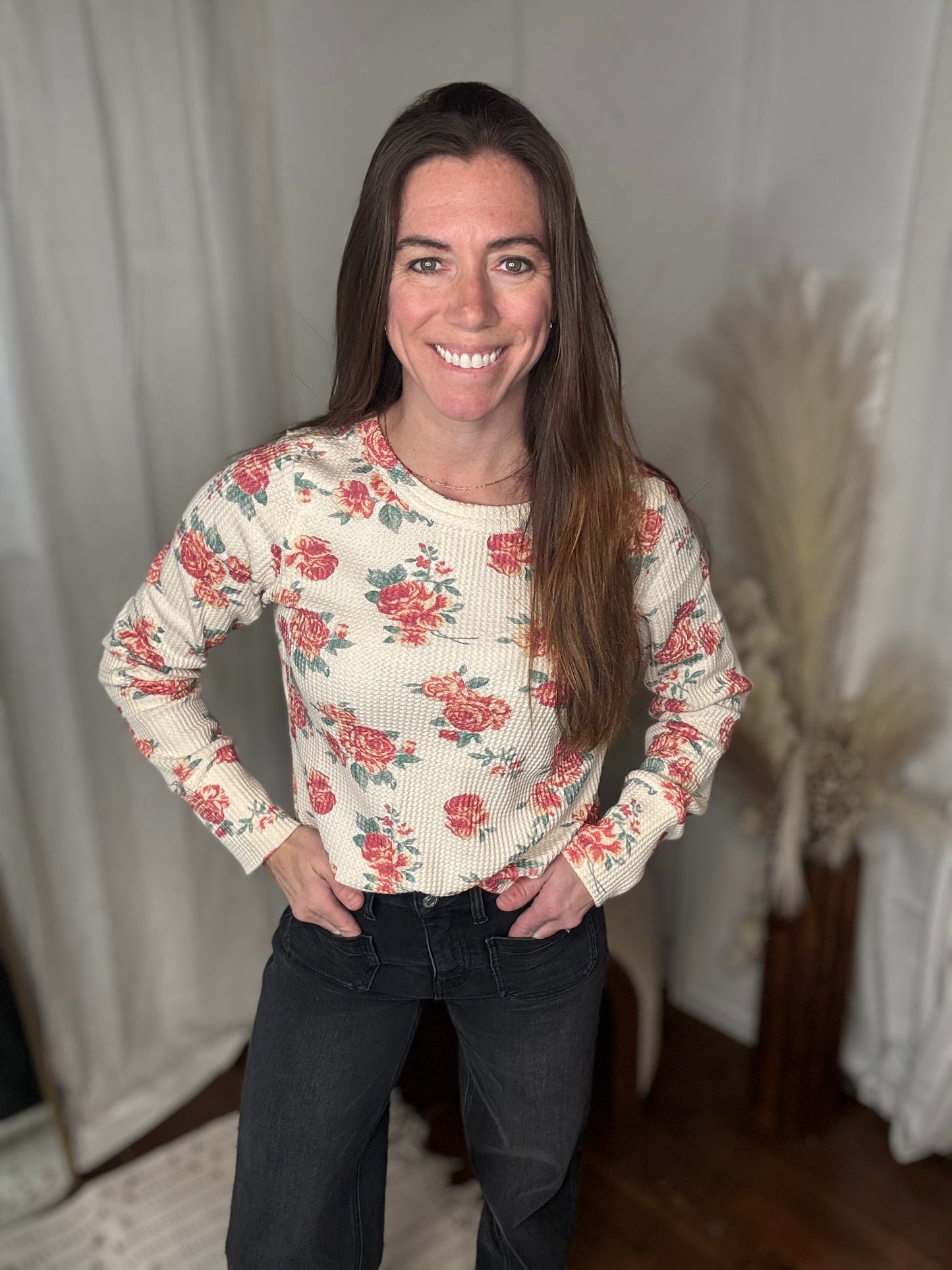 Oatmeal Bloom Waffle Knit Top