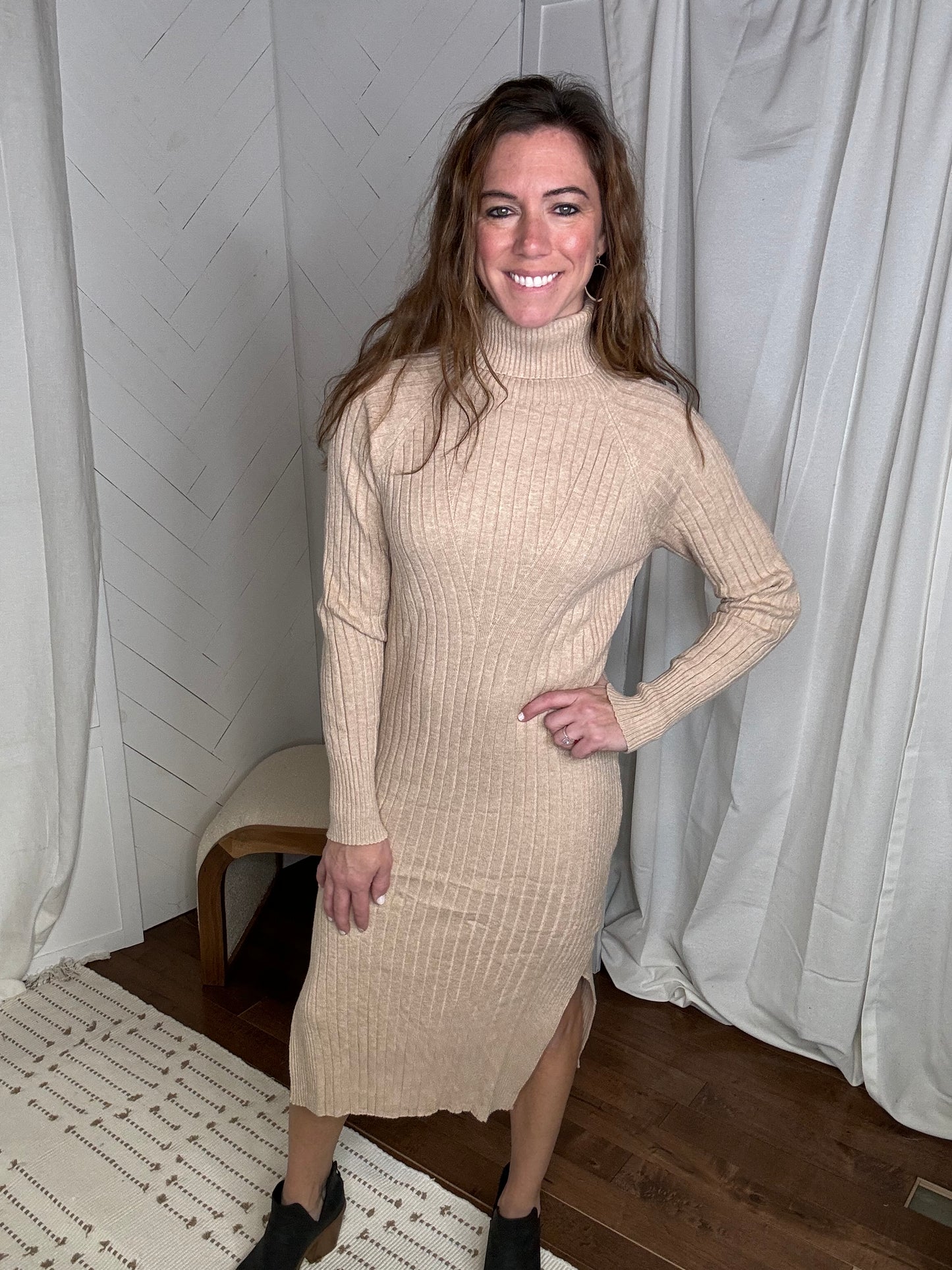 Sand Ribbed Midi Sweater Dress