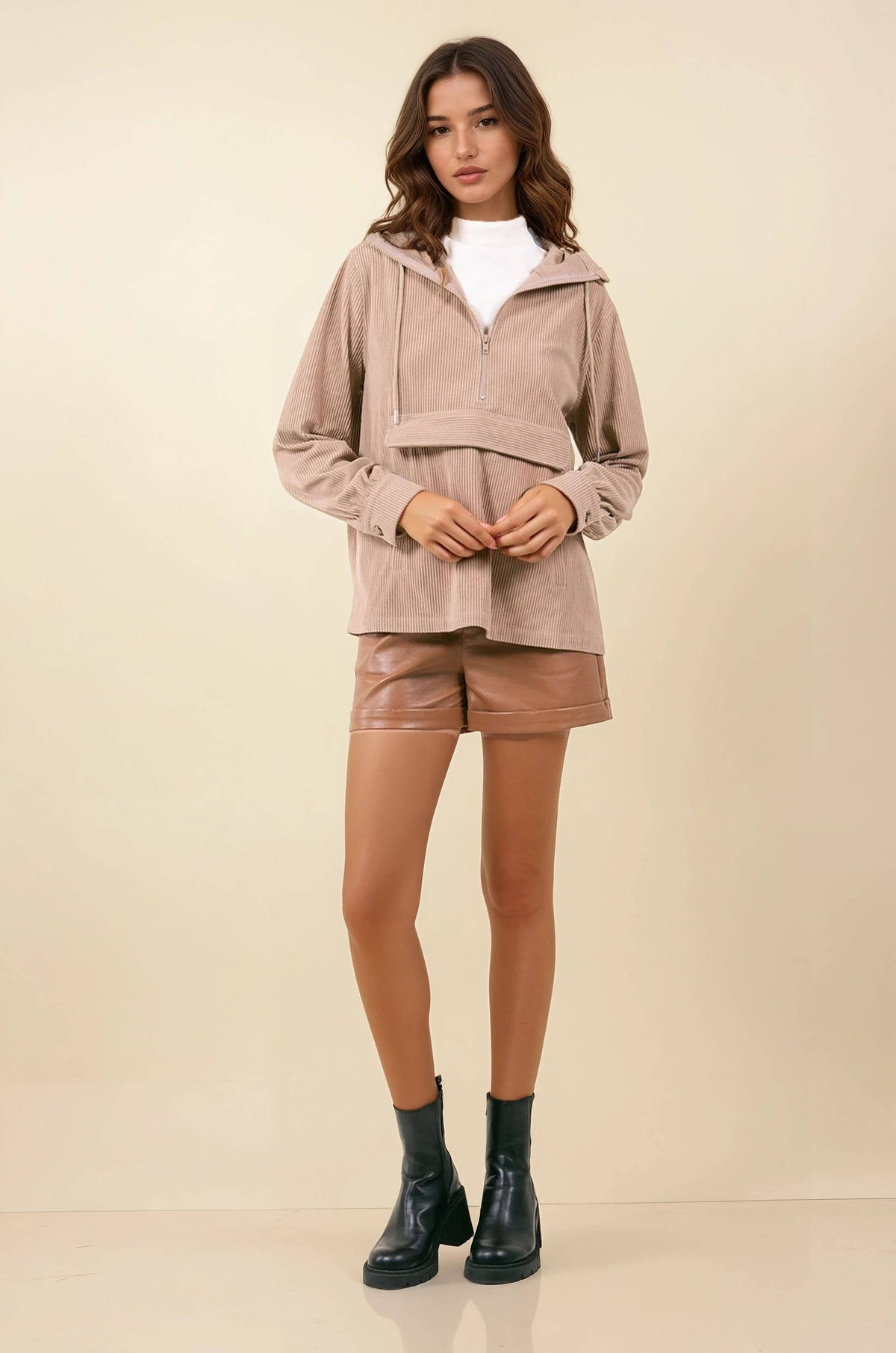 Mushroom Velour Textured Half Zip Hoodie
