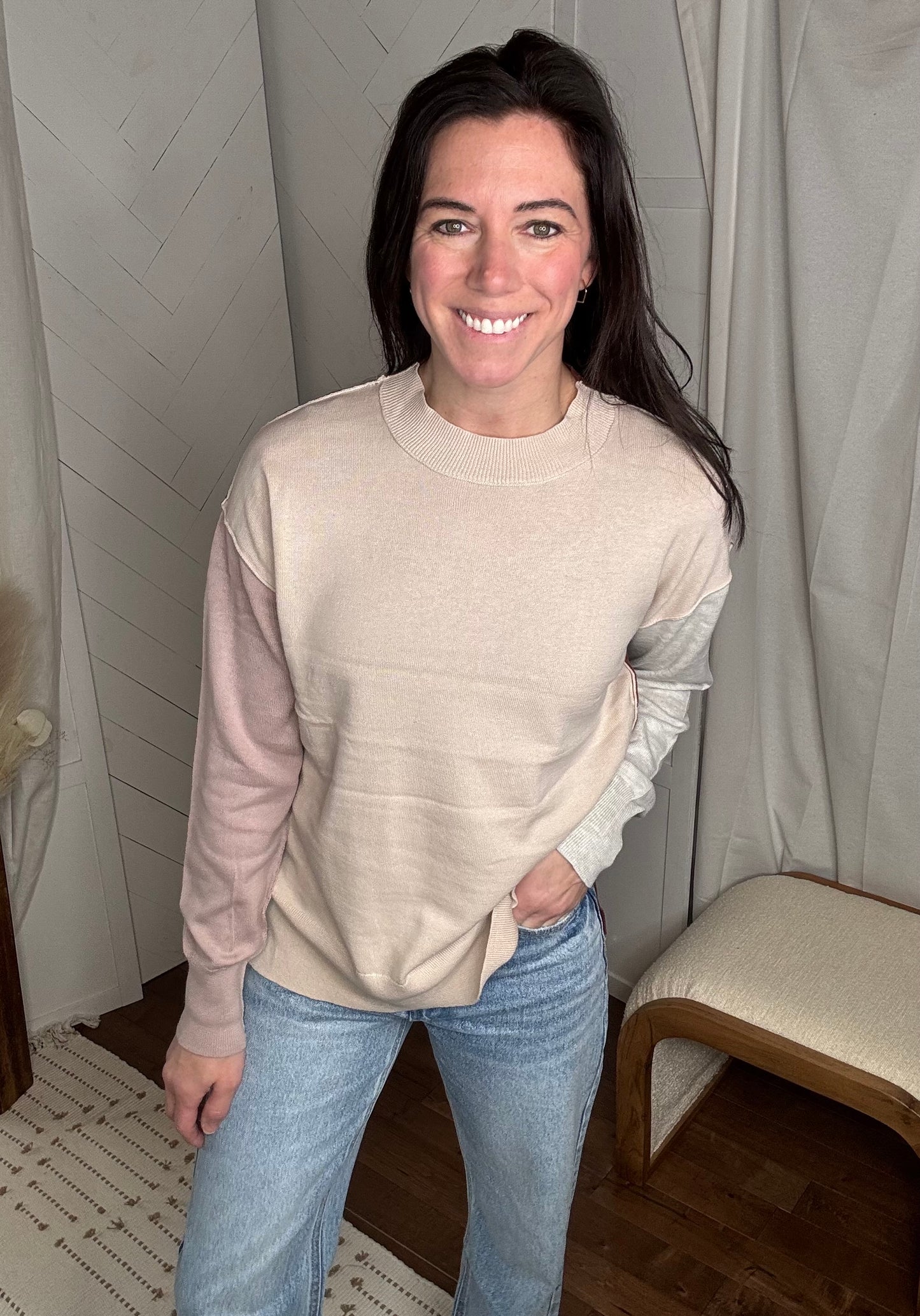 Color Block Sweater: Oatmeal